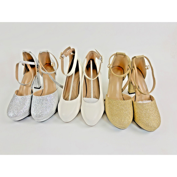 Lot of 3 Pairs of Block Heel Shoes Size 6.5 for Women Shiny Gold & Silver - Picture 1 of 10